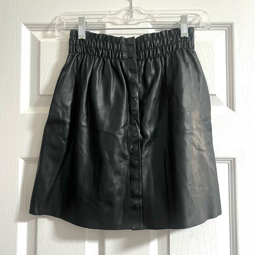 Zara Black Faux Leather Skirt - Button Front, Elastic Waist, Size Small